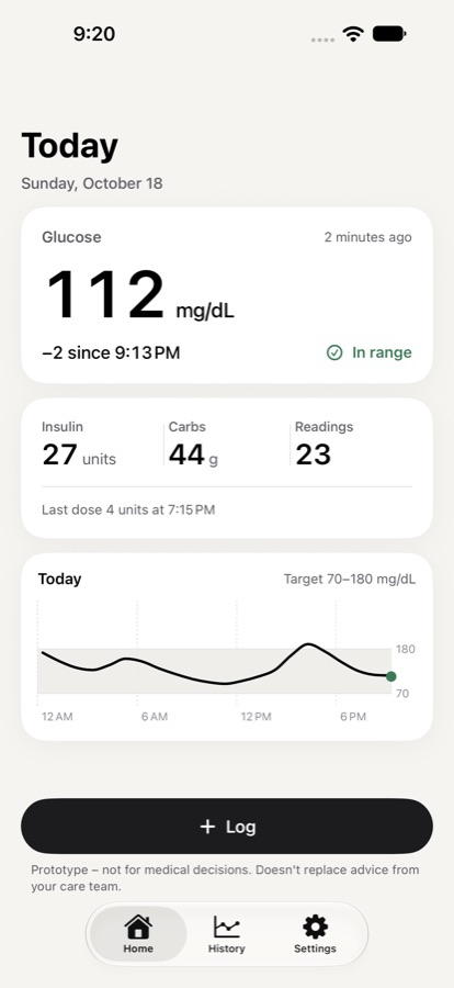 The Dose Today screen: a glucose reading of 112 mg/dL marked in range, with today's insulin, carbs and readings.