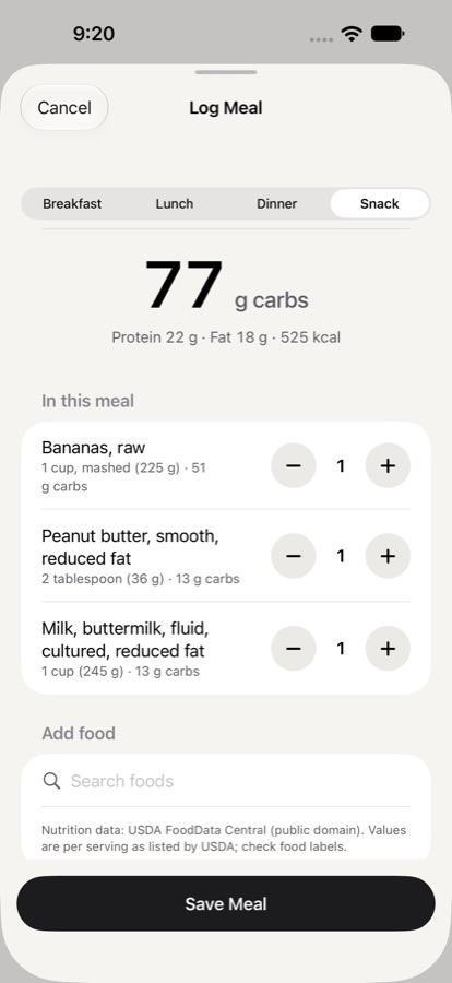 The Dose Log Meal screen with bananas, peanut butter and milk adding up to 77 g of carbs.